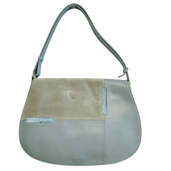 Swarovski Blue Teal Suede Leather Flap Shoulder Bag Purse Y2k 90s FLAWS - Picture 1 of 11